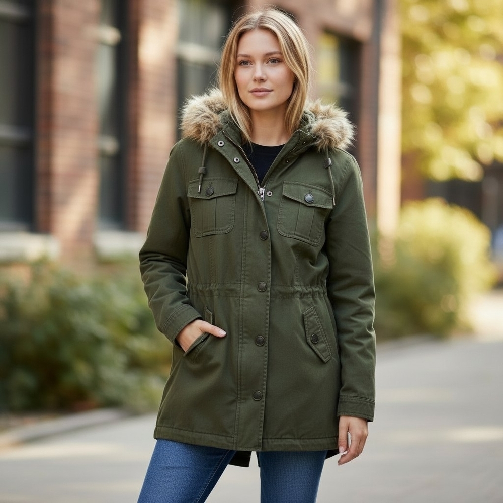 Old Navy Olive Green Parka w/Faux Fur Border Hood Women's Sz M Warm Jacket Coat
